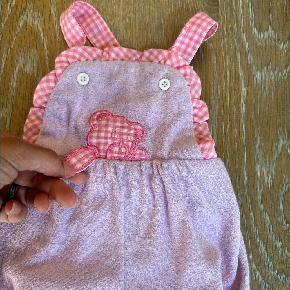 Royal Heir Pink plaid and purple terry‎ cloth waving bear overall bubble, 6-9m